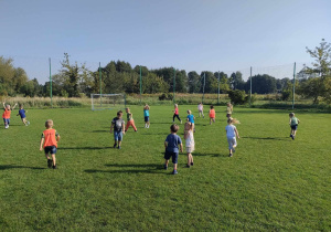 Dzieci z grupy "Pszczółek" na boisku sportowym podczas treningu piłki nożnej.
