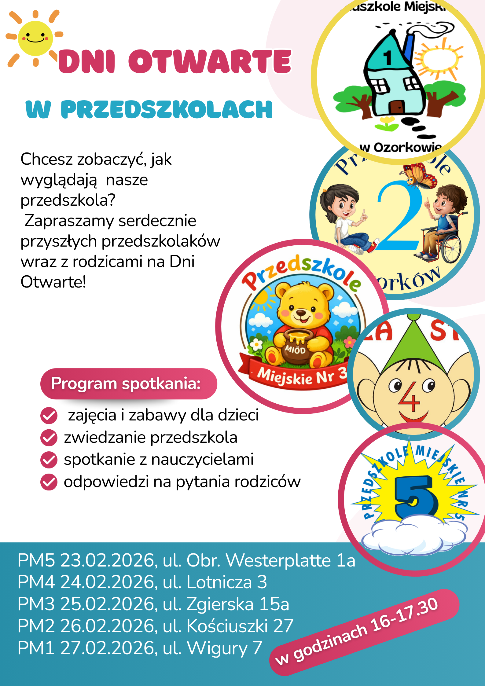 Plakat dotyczący Dni Otwartych w przedszkolach miejskich w Ozorkowie.