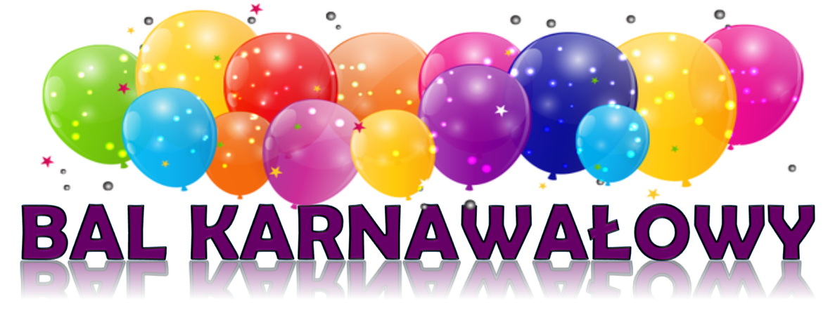 Napis Bal Karnawałowy i obrazki kolorowych balonów.