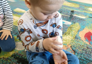 Chłopiec z "Motylków" trzyma chomika na rękach.