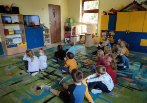 Dzieci z grupy "Biedronek" oglądają film edukacyjny o chomiku.