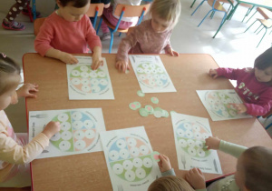 Kilkoro dzieci w grupie przyczepia ilustracje zdrowych produktów na swój talerz.