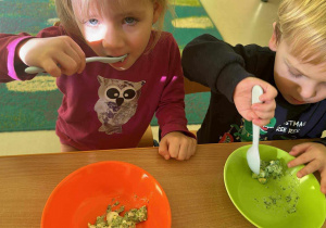 Degustacja sałatki brokułowej w grupie maluszków - Zosia i Adaś próbują.