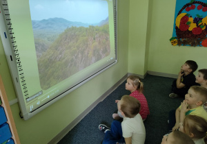 Podsumowanie wiadomości. Dzieci siedzą i oglądają film edukacyjny o lesie na tablicy interaktywnej.