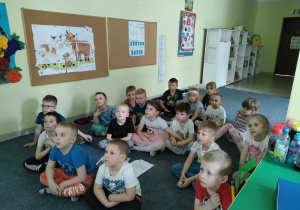Dzieci z grupy "Pszczółek" oglądają film edukacyjny o szynszylach na tablicy interaktywnej.