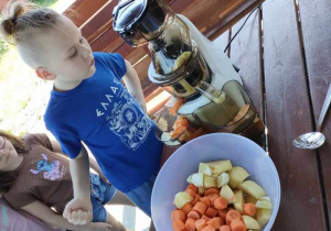 Staś w trakcie przygotowywania naturalnego soku jabłkowo-marchewkowego w ogrodowej altance.