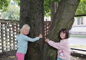 Dwie dziewczynki przytulają się do drzewa, znajdującego się na przedszkolnym ogrodzie.