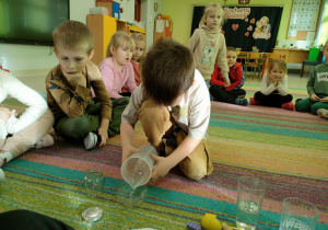 Nalewamy odmierzoną miarkę wody do przeźroczystego naczynia.