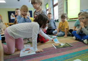 Dziewczynki młodsze dopasowują obrazek szklanki do odpowiedniej rośliny.