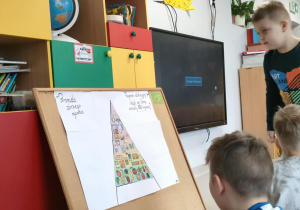 Piramida zdrowego żywienia ułożona samodzielnie przez dzieci z grupy "Pszczółek".