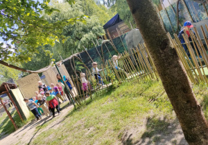 Dzieci z grupy "Pszczółek" pokonują plenerowy tor przeszkód, którego zwieńczeniem jest zjazd na tyrolce.