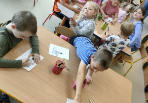 "Pszczółki" kolorują szablon szynszyli i podpisują obrazek zgodnie ze wzorem.