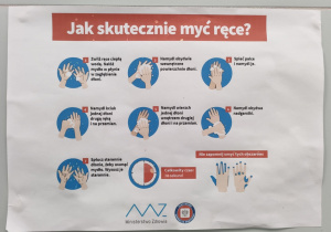 Instruktaż prawidłowego mycia rąk, przyczepiony w łazience.
