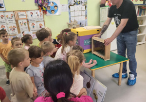 Dzieci oglądają "ramki" w których znajdują się pszczoły.
