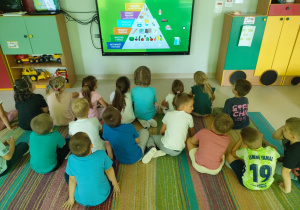 Przypominamy sobie piramidę zdrowego żywienia, przy wykorzystaniu ekranu multimedialnego.