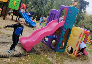 Zabawa swobodna dzieci na placu zabaw podczas pikniku.