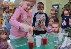 Mieszamy czerwony barwnik w wodą przy wykorzystaniu patyczka.