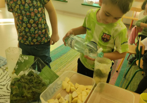 Dolewamy wody do owoców i szpinaku.