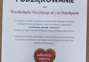 Podziękowanie dla naszego przedszkola za wsparcie w organizacji XI Koncertu "Dorośli - Dzieciom".