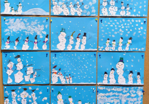 Zimowe prace plastyczne "Rodzina bałwanków", wykonane przez dzieci z grupy "Pszczółek".