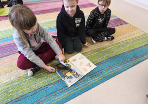 "Pszczółki" podczas pracy w grupie oglądają publikację pt. "Skąd się biorą produkty ekologiczne?"