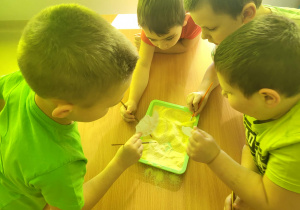 W zespołach poszukujemy szkieletów dinozaurów ukrytych w pojemnikach z piaskiem.