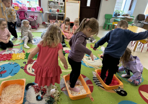 Dzieci po kolei pokonują ścieżkę sensoryczną.