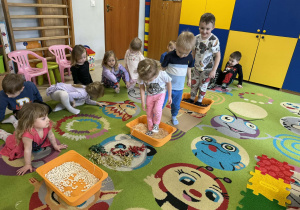 Dzieci po kolei pokonują ścieżkę sensoryczną.