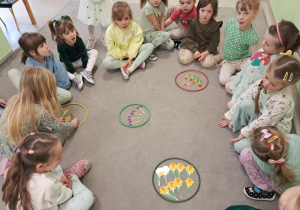 "Żabki" segregrują i przeliczają ilustracje wiosennych kwiatów.