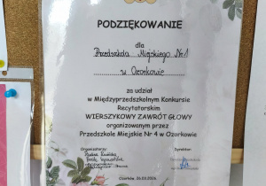 Podziękowanie dla naszego przedszkola za udział w Międzyprzedszkolnym Konkursie Recytatorskim "Wierszykowy Zawrót Głowy".