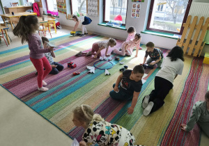 Przedszkolaki przewożą na swoich pojazdach obrazki różnych produktów na środek dywanu.