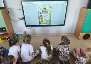 Oglądamy prezentację dotyczącą pszczół na ekranie multimedialnym, jednocześnie ją omawiając.