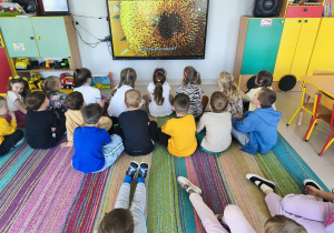 Oglądamy krótki film edukacyjny dotyczący pszczół na ekranie multimedialnym.