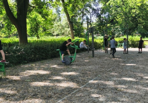 Grupa chłopców spędza czas na konstrukcjach siłowni plenerowej w Parku Miejskim.