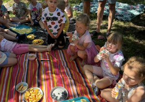 Dzieci podczas pikniku w ogrodzie przedszkolnym.