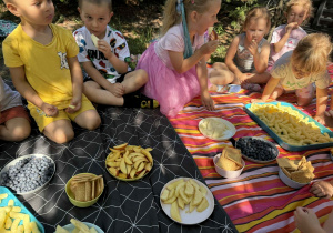 Dzieci podczas pikniku w ogrodzie przedszkolnym.
