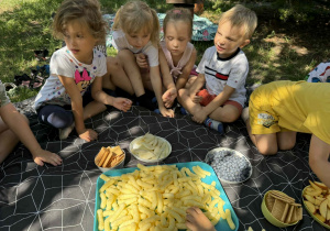 Dzieci podczas pikniku w ogrodzie przedszkolnym.