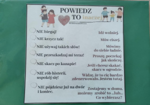 Plakat dla Rodziców nt. zastępowania sformułowań, które kierujemy do dzieci.