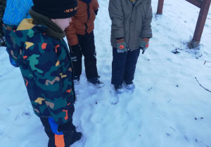 Dzieci sprawdzają jakie ślady zostawiają na śniegu.